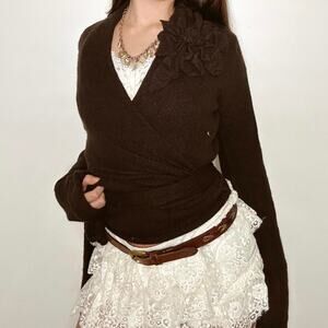 Y2K cabi brown floral wrap tie cardigan